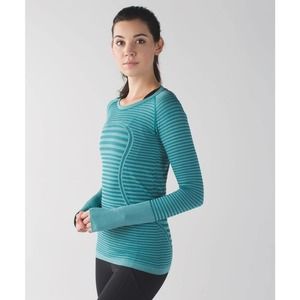 Lululemon Swiftly Tech Long Sleeve Top 4 Striped Teal Crew Neck